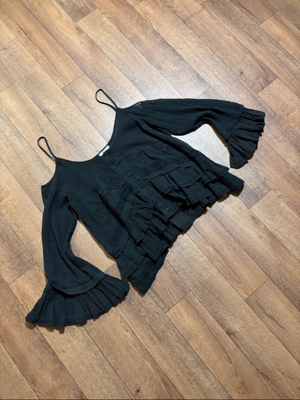 Free People cold shoulder blouse top sheer boho bell sleeves NWOT black ruffle